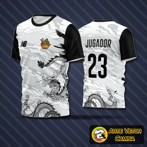 Camisa de futebol amador exibindo logo no peito e estampa grande nas costas com design moderno e vibrante para jogos em times locais