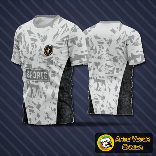 Camisa de futebol amador com logo no peito e estampa grande nas costas, exibindo design moderno e colorido perfeito para times que buscam destaque em campo com estilo e conforto visual.