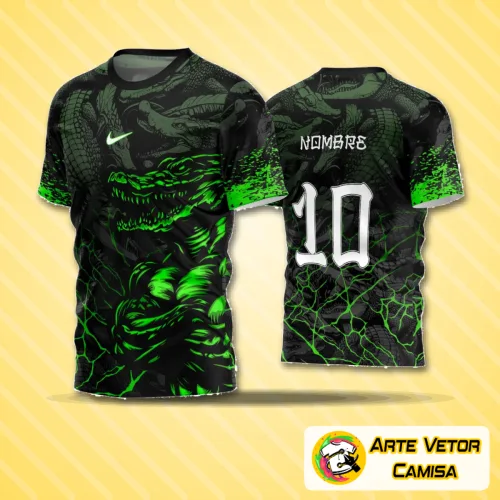 Camisa de futebol amador com logo no peito e estampa grande nas costas destacando design moderno e cores vibrantes em equilíbrio, ideal para times que buscam identidade marcante em campo.