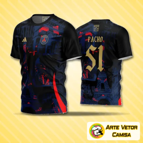 Camisa de time amador de futebol com logo no peito e estampa grande nas costas, ideal para partidas e treinamentos, apresentando design moderno e cores vibrantes.