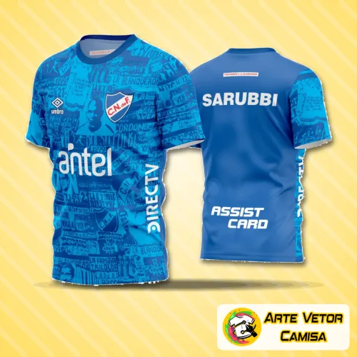 Camisa de time amador com logo no peito e estampa grande nas costas, destacando design moderno e cores vibrantes em uma composição que valoriza a identidade esportiva da equipe.