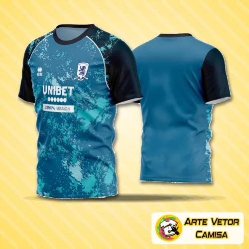 Camisa de futebol com logo no peito e estampa grande nas costas, exibindo design moderno em cores vibrantes que valorizam o time amador com estilo e personalidade.