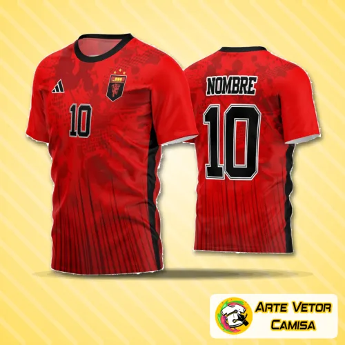 Camisa de futebol amador com logo no peito e uma estampa grande nas costas que destacam o estilo esportivo da equipe em um design moderno e atrativo.