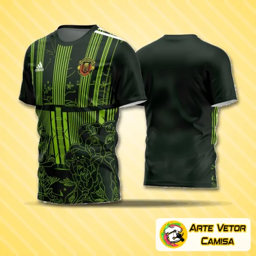 Camisa de futebol amador com logo no peito e estampa grande nas costas, mostrando design moderno e vibrante, perfeita para times que buscam presença forte e uniforme diferenciado.