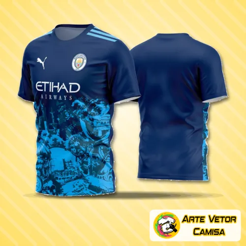 Camisa de futebol amador com logo no peito e estampa grande nas costas, em cores vibrantes, design moderno e que destaca a identidade do time em campo.