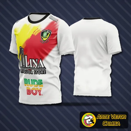 Camisa de time amador de futebol com logo no peito e estampa grande nas costas, apresentando design moderno e atraente para equipes esportivas amadoras.