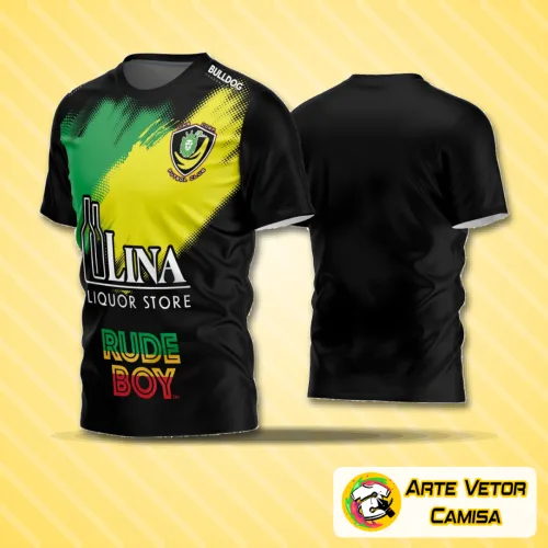 Camisa de futebol estilo amador com logo no peito e estampa grande decorativa nas costas, apresentando cores vibrantes e design moderno que destaca o espírito esportivo do time.