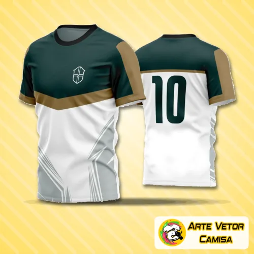 Camisa de futebol amador com logo destacado no peito e estampa grande nas costas em estilo moderno e vibrante, perfeita para times que buscam identidade visual única e marcante.