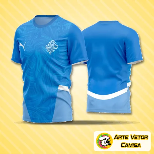 Camisa de futebol amador com logo no peito e estampa grande nas costas, ideal para times que buscam identidade visual marcante em campo.