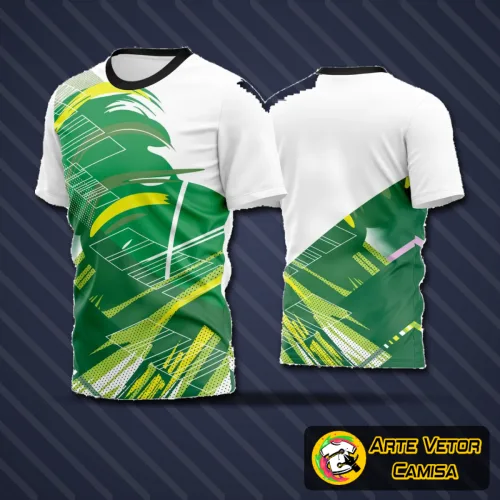 Camisa com logo no peito exibindo design estilizado e estampa grande nas costas com detalhes vibrantes, ideal para times amadores de futebol em 2024.