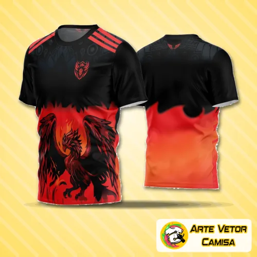 Camisa de futebol amador com logo no peito e estampa grande nas costas em design moderno e cores vibrantes, perfeita para jogos e treinos de times amadores.