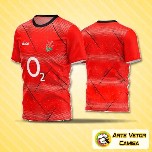 Camisa esportiva com logo no peito e estampa grande nas costas, apresentando design vibrante e moderno para times amadores de futebol, ideal para partidas e treinos.