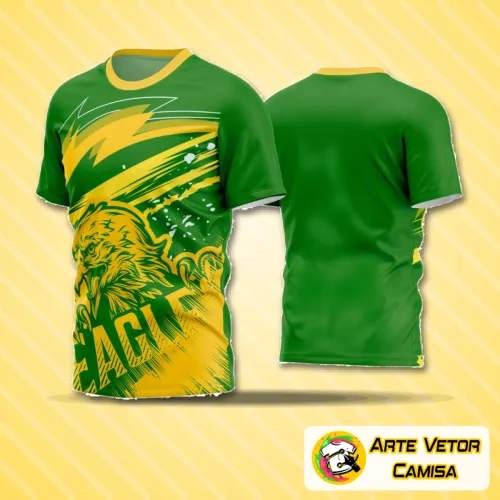 Camisa de futebol amador com logo no peito e estampa grande nas costas exibindo design moderno e cores vibrantes, ideal para times amadores em jogos e treinos.