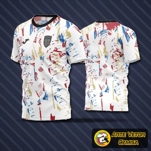 Camisa de time amador de futebol com logo no peito e estampa grande nas costas exibindo design moderno e atraente para torcedores e jogadores se destacarem em campo.