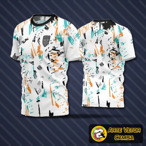 Camisa de futebol amador com logo no peito e estampa grande nas costas em design moderno e vibrante, ideal para equipes buscando uniformes únicos e cheios de personalidade.