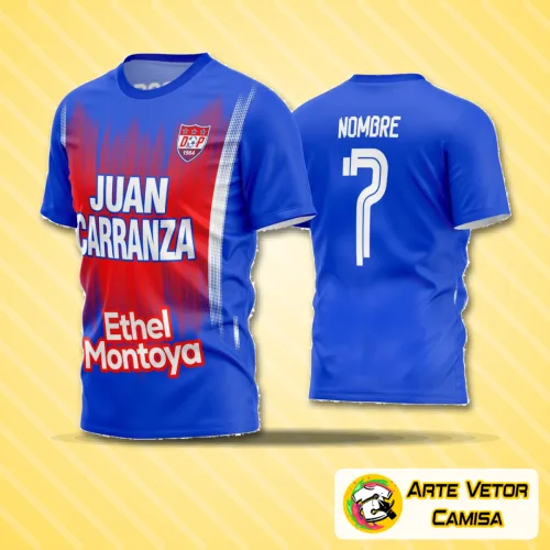 Camisa de futebol amador com logo no peito e estampa grande nas costas em destaque, com design moderno e cores vibrantes para times amadores no estilo esportivo e casual.