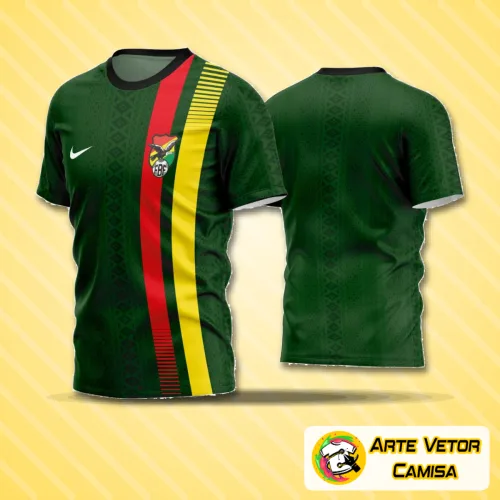 Camisa de futebol amador com logo no peito e estampa grande nas costas, apresentando design moderno e cores vibrantes que destacam o time em campo com estilo único e inspirado no futebol local.