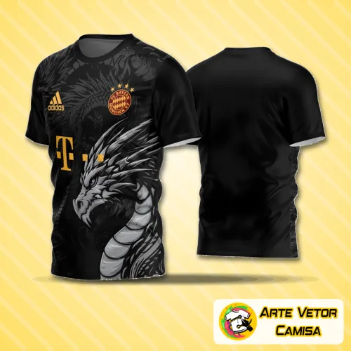 Camisa com logo no peito e estampa grande nas costas, design moderno em cores vibrantes, ideal para times amadores de futebol buscando uniformes marcantes e personalizados para 2024.