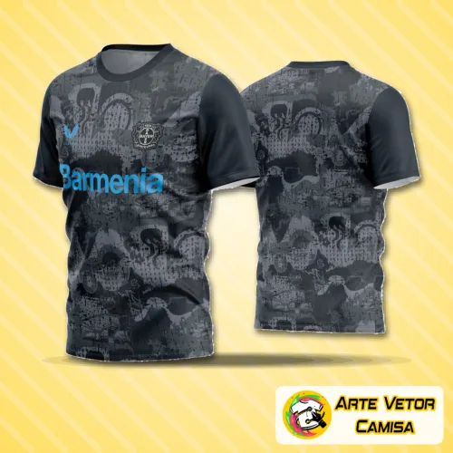 Camisa com logo no peito e estampa grande nas costas mostrando um design moderno e vibrante para times amadores de futebol