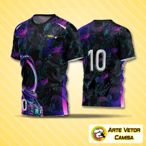 Camisa de futebol amador com logo no peito evidente e estampa grande nas costas vibrante, exibindo design moderno e cores intensas para destacar seu time.