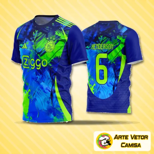 Imagem de camisa de futebol amador com logo no peito e estampa grande nas costas, destacando design moderno e esportivo em cores vibrantes ideal para times de futebol amador.