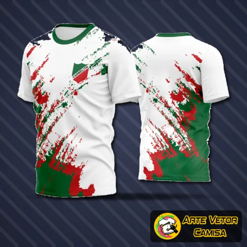 Camiseta esportiva com logo no peito e estampa grande nas costas, ideal para times amadores de futebol, destacando estilo e identidade em campo.
