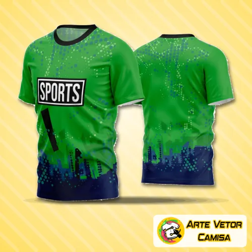 Camisa com logo no peito e uma estampa grande nas costas, apresentando design moderno e estampas vibrantes, ideal para times de futebol amador.