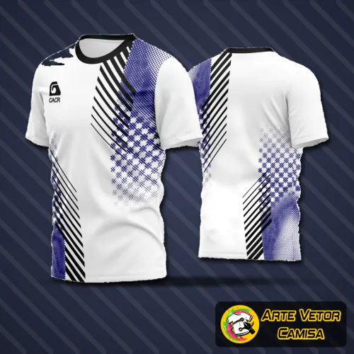 Camisa com logo no peito e estampa grande nas costas, exibindo design moderno e cores vibrantes para times de futebol amador.