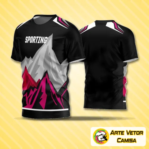 Camisa de futebol amador com logo no peito e estampa grande nas costas, com design moderno e cores vibrantes, perfeita para destacar times em campo.