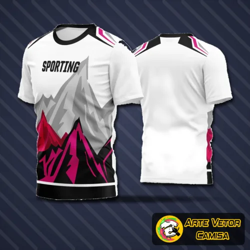 Camisa de time de futebol amador com logo no peito e estampa grande nas costas, apresentando design moderno e cores vibrantes, ideal para partidas e treinos com estilo único.