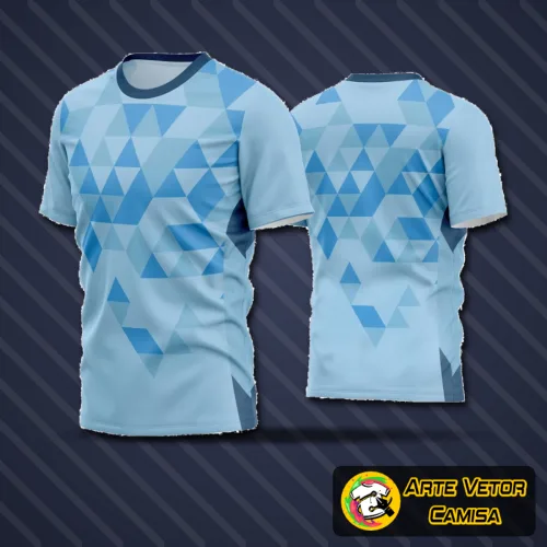 Camisa estilizada com logo no peito e estampa grande nas costas, apresentando design moderno e cores vibrantes, perfeita para times amadores de futebol.