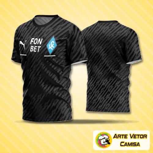 Camisa de futebol amador com logo no peito e estampa grande nas costas, exibindo design moderno e cores vibrantes que destacam o estilo esportivo para jogos de time.