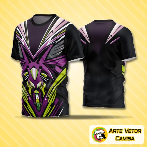 Camisa de futebol com logo no peito destacado, estampa grande nas costas com design moderno e cores vibrantes, ideal para times amadores que buscam personalidade e estilo no campo.