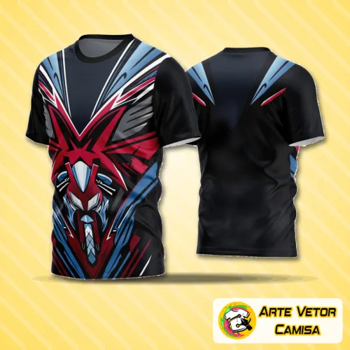 Camisa de futebol com logo no peito em destaque e estampa grande nas costas que mostra cores vibrantes e design moderno ideal para torcidas amadoras e times locais.