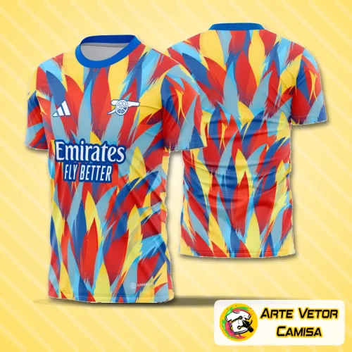 Camisa Arsenal com logo no peito e estampa grande nas costas em estilo pré-jogo 2025-26, exibindo design moderno e cores vibrantes que destacam a identidade do time.