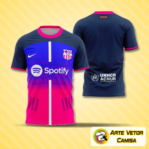 Camisa com logo no peito e estampa grande nas costas, trazendo design inspirado na essência de Barcelona 2023, combinação perfeita de cores e estilo moderno, ideal para destacar seu visual em qualquer ocasião.