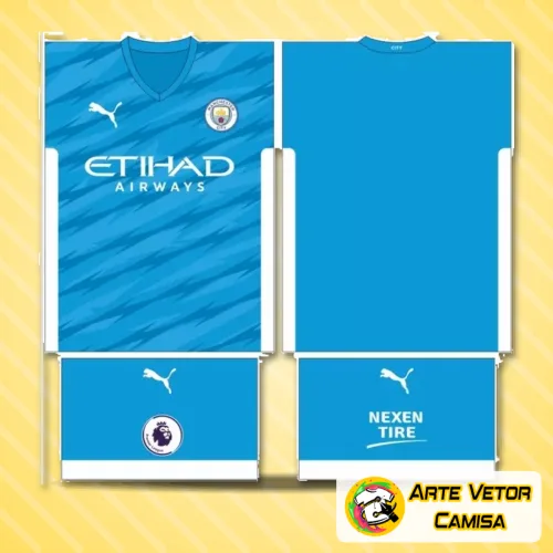 Camisa Manchester City com logo no peito e estampa grande nas costas exibindo design moderno e conceito exclusivo 2024, perfeita para quem admira o estilo único do time.