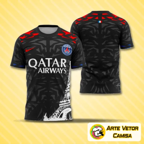 Imagem da camisa com logo no peito vibrante e uma estampa grande nas costas em design único e moderno, combinando cores e detalhes que evidenciam estilo e personalidade para fãs do PSG.