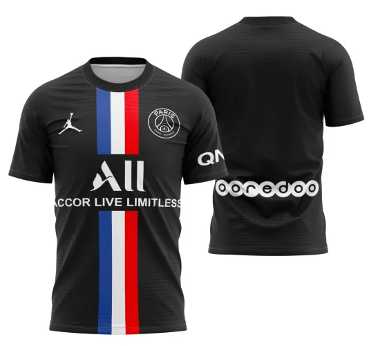Camisa do PSG com logo no peito em destaque e estampa grande nas costas exibindo design inovador e cores vibrantes, ideal para os fãs do time na temporada 2019-20.