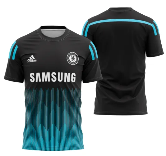 Camisa com logo no peito e uma estampa grande nas costas que destaca o design exclusivo da temporada Chelsea 2014-2015, com cores vibrantes e detalhes marcantes que remontam à época histórica do time.