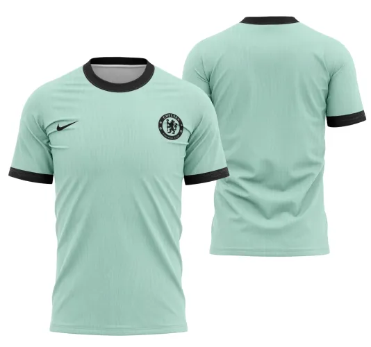Visual da camisa com logo no peito e estampa grande nas costas que destacam o estilo único do Chelsea na temporada 2023-2024, com cores vibrantes e design moderno.