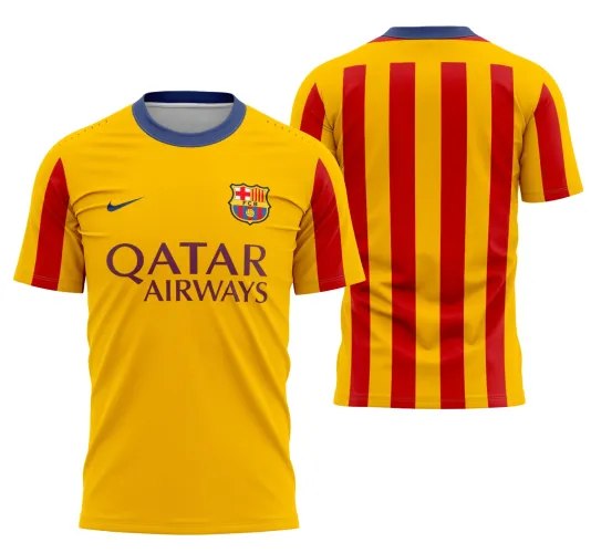 Imagem da camisa reserva do Barcelona 2015-2016 com logo no peito e estampa grande nas costas, destacando o design icônico nas cores tradicionais do clube