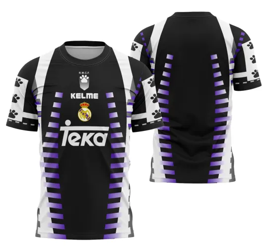 Foto da camisa alternativa do Real Madrid 1997-1998 com logo no peito e estampa grande nas costas, destacando as cores clássicas e design retrô marcante da temporada histórica.