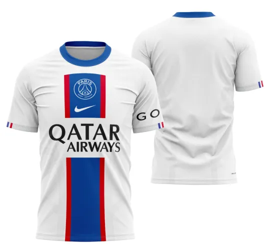 Camisa com logo no peito e estampa grande nas costas exibindo o estilo alternativo do PSG na temporada 2022-2023, com visual moderno e detalhes marcantes que destacam a identidade do time.