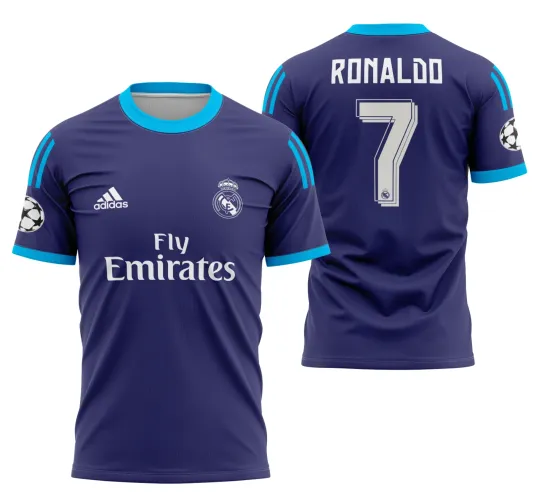 Foto da camisa alternativa do Real Madrid 2015-2016, destacando o logo no peito e uma estampa grande nas costas com design marcante e elegante, capturando a essência do time.