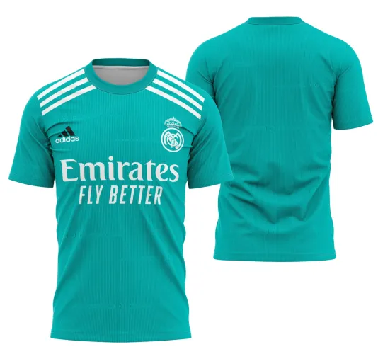 Camisa alternativo do Real Madrid exibida com logo no peito ao centro e estampa grande nas costas destacando os detalhes do time na temporada 2021-2022.