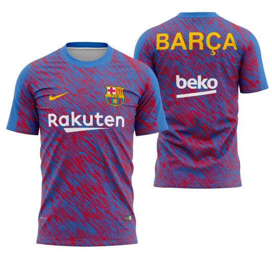 Camisa exibindo logo no peito e estampa grande nas costas com design vibrante inspirando a energia do Barcelona 2018-2019 em cores marcantes e detalhes precisos