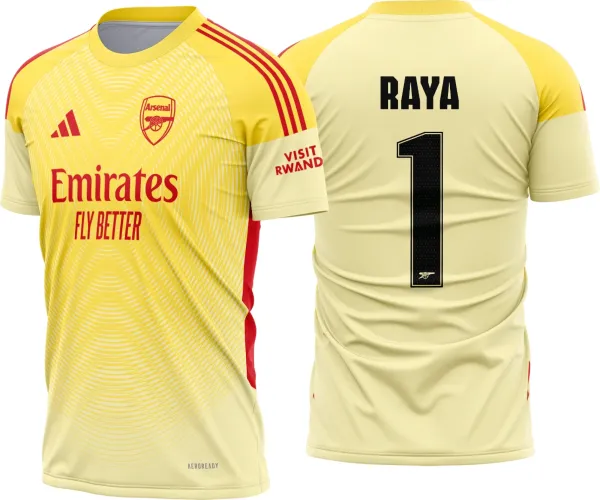 Camisa do Arsenal para goleiro temporada 2025-26 com logo no peito e estampa grande nas costas em cores vibrantes e design moderno, ideal para torcedores que valorizam estilo e identidade com o time.