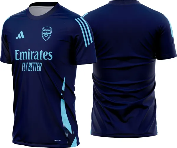 Imagem da camisa de treino Arsenal 2025-2026 com logo no peito e estampa grande nas costas, exibindo design moderno e cores vibrantes que destacam o espírito esportivo do time.