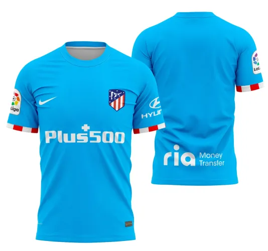 Camisa Atlético De Madrid com logo no peito e estampa grande nas costas, em tons vibrantes que destacam o design alternativo da temporada 2021-2022.
